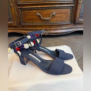 MANOLO BLAHNIK Blue Canvas Pompom Strappy Sandal Heels 38.5 US 8.5 Made Italy